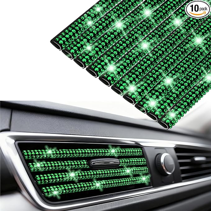 NBTEPEM Bling Car Air Conditioner Decoration Strip for Vent Outlet, 10 PCS Universal Rhinestone Car Vent Outlet Trim Decorations, Bling Interior Accessories for Women and Girls (Green)