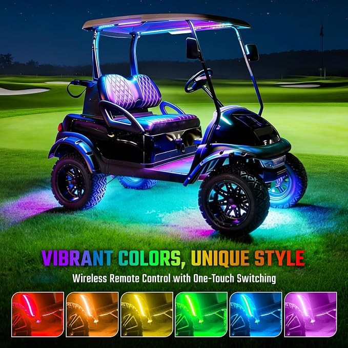 CLUBRALLY 6PCS Golf Cart Underglow LED Light Kit, 28 Modes Full-Body Neon Glow, 12-85V, Music Sync, Wireless Remote, Waterproof Strips, Fits EZGO, Club Car, Yamaha Golf Carts, 6 Pack