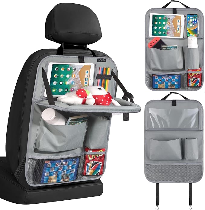LUCMO Car Backseat Organizer with Foldable Tablet Holder, Grey | 6 Storage Pockets,Foldable Food Tray,Protectors Kick Mats,Travel Accessories,Seat Cover,Road Trip Essentials