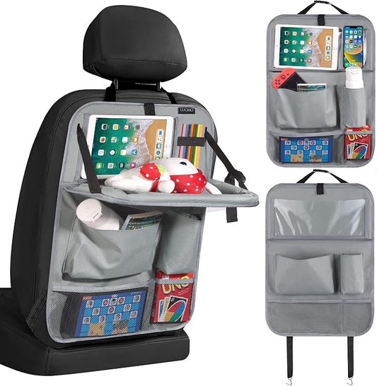 LUCMO Car Backseat Organizer with Foldable Tablet Holder, Grey | 6 Storage Pockets,Foldable Food Tray,Protectors Kick Mats,Travel Accessories,Seat Cover,Road Trip Essentials