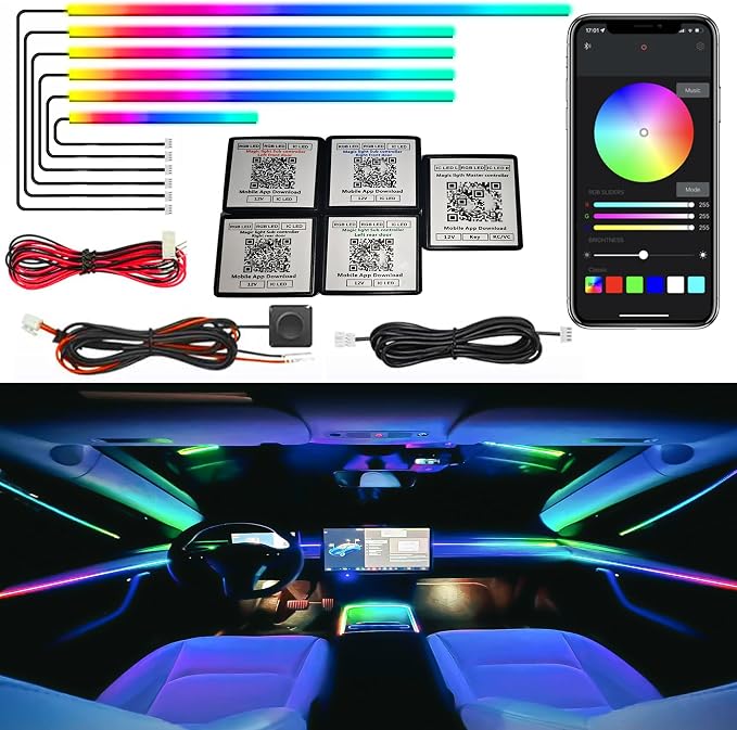 Dreamcolor Acrylic Interior Car LED Strip Light, RGB 6 in 1 Fiber Optic Ambient Lighting Kits, 16 Million Colors Sound Active Function Car Neon Lights with Wireless APP