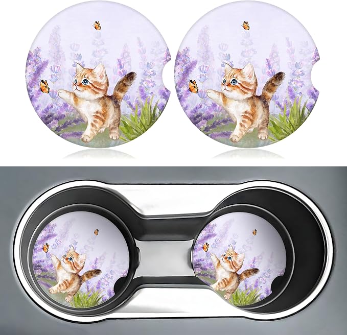 Lavender Butterfly Cute Cat Car Coasters for Cup Holders,2 Pack Car Cup Holder Coasters for Car,Ceramic Absorbent Car Coaster with A Finger Notch and Cork Base,Car Interior Accessories for Women Men
