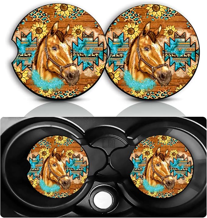 Western Horse Car Cup Holder Coasters Set of 2 – Fun Sunflower Horse Car Accessories 2.75" Universal Size Anti Slip Rubber Mat Auto Insert Coasters Decor Southwestern Style Gifts for Women Men