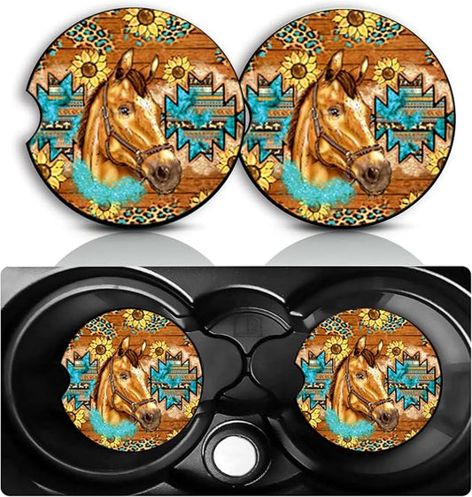 Western Horse Car Cup Holder Coasters Set of 2 – Fun Sunflower Horse Car Accessories 2.75" Universal Size Anti Slip Rubber Mat Auto Insert Coasters Decor Southwestern Style Gifts for Women Men