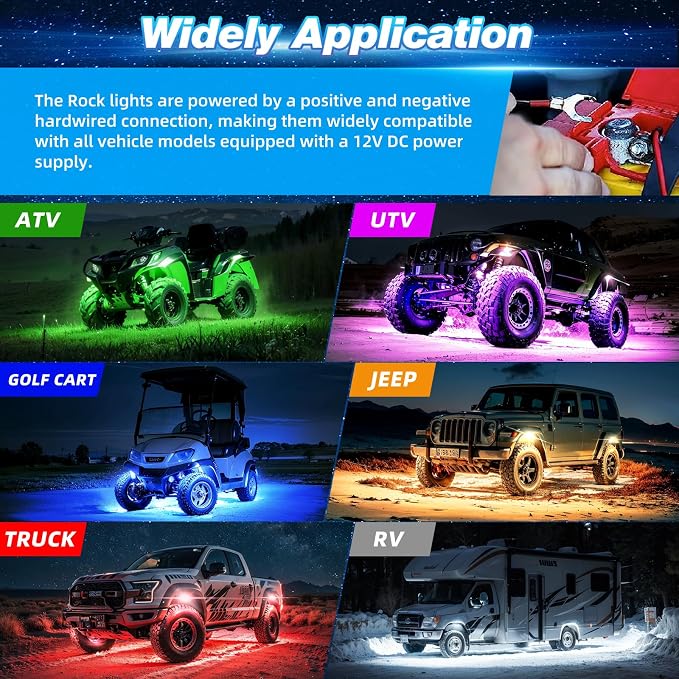 12 Pods Alloy RGB LED Rock Lights, Shockproof Heavy Duty Metal Underglow Kit for Jeeps Truck Offroad ATV UTV Golf Cart SUV, IP68 Waterproof Neon Underbody Light with APP/RF Control & Brake Signal 12V