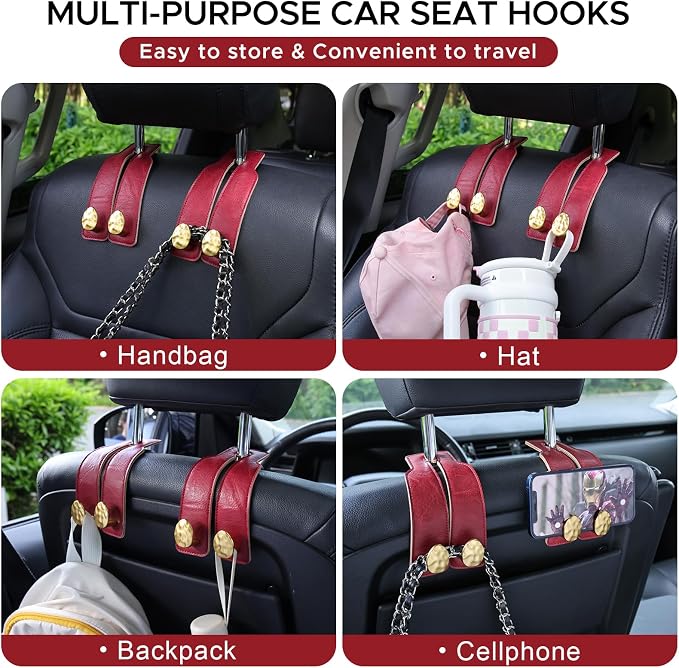 Leather Car Purse Hook for Headrest, 2 Pack (Red-Gold) | Twin Hooks Headrest Hangers, 2/4 Pack, No-Slip, Scratch-Proof, Holds Purses, Backpacks, Grocery Bags, Car Organizer Gift