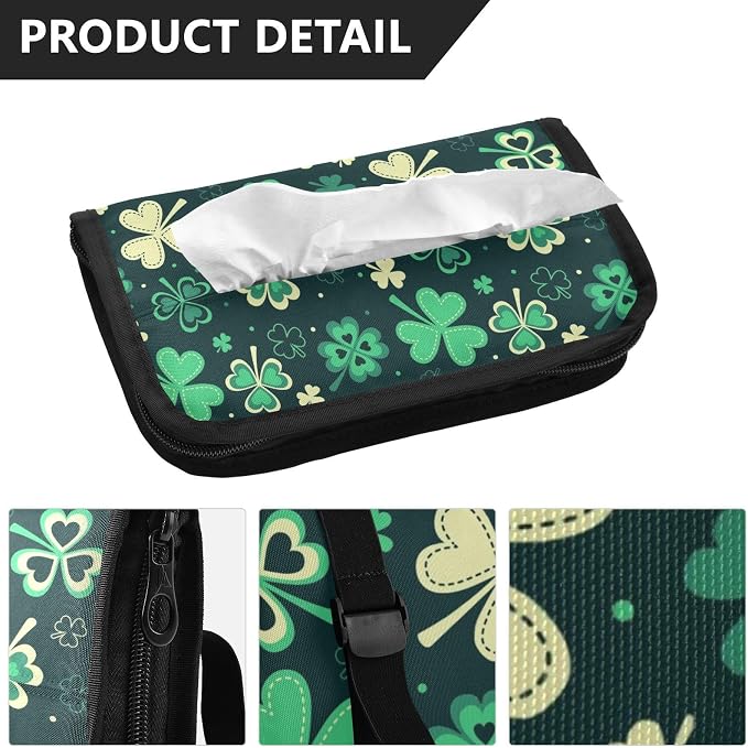 Car Tissue Holder Car Napkin Holder Car Tissue Box Dispenser Storage Case Sun Visor Mask Holder with Adjustable Straps Reusable Refillable Green Clover Leaves