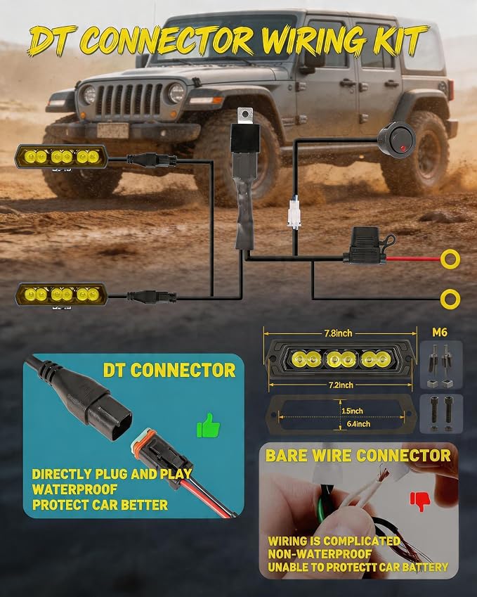 Yellow LED Light Bar 6" 120W Spot Beam, 2PCS Off Road Fog Lights | 30° Spot Beam with 5D Optic Lens | 120W Native Yellow LED | 2PCS + DT Wiring Harness | IP68 Waterproof for Truck SUV ATV UTV
