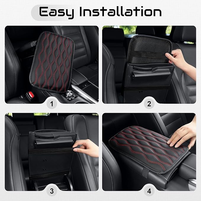 Amiss Car Center Console Cover, Upgraded Leather Car Armrest Cushion, Universal Waterproof Cushion Pad, Non-Slip Car Interior Accessories, Fits Most Sedans SUVs Trucks (Red Line)