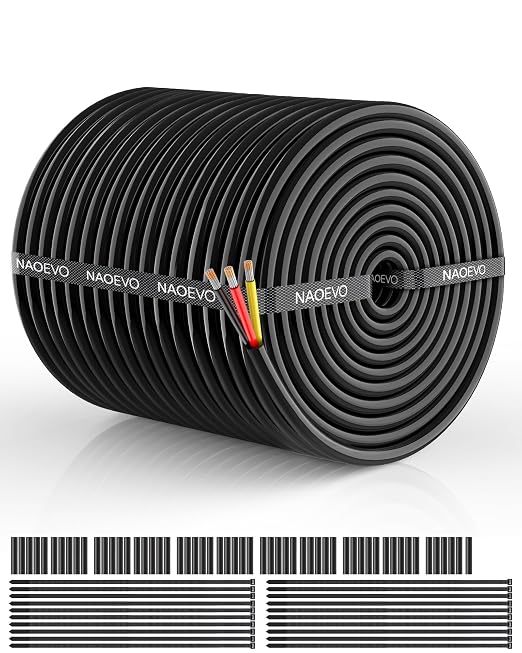 NAOEVO 12 Gauge Wire 3 Conductor Electrical Wire, 12 AWG Stranded PVC Cord, 12V Low Voltage/Tinned Copper/Flexible Cable for Automotive Wiring, Lamp Cord, Marine Cable (200FT)