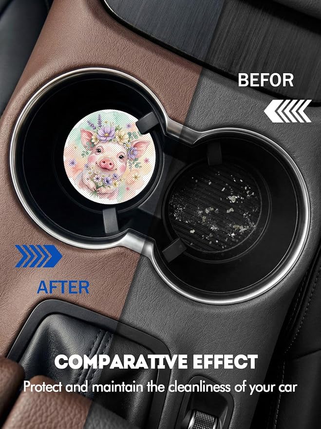 WOCOCN Car Coasters for Cup Holders - 2 Pack 2.75" Universal Rubber Car Cup Coaster, Non-Slip Waterproof Car Interior Accessories, Cute Car Decor Gifts for Women and Men (Cute Pig)
