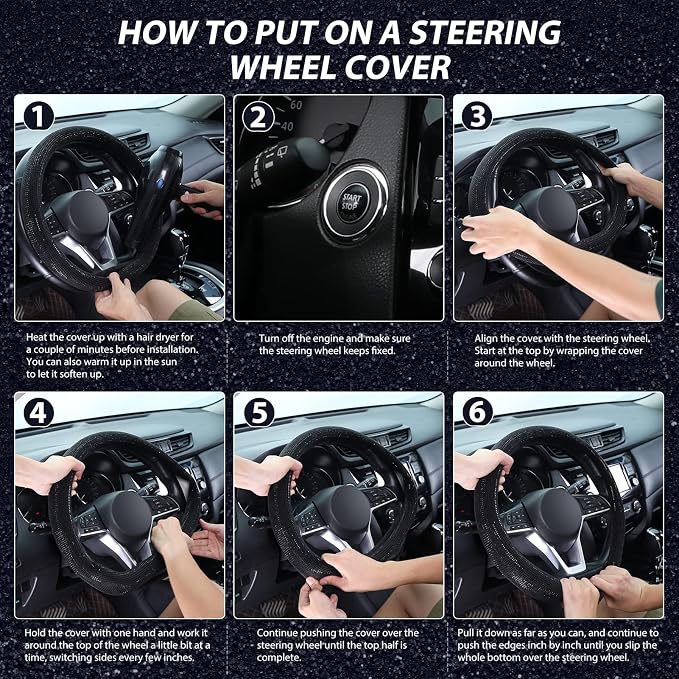 SEG Direct Diamond Flat Bottom Steering Wheel Cover, D Shaped Car Wheel Cover 14 1/2-15 in. (37-39 cm), Bling Sparkly Rhinestones, Black with Black Diamond