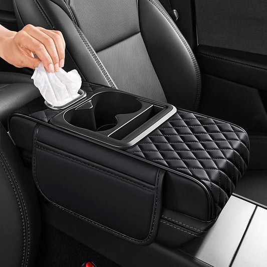 5 in 1 Nappa Leather Console Armrest Cover, Black | Built-in cup holder, tissue slot, phone holder & 2 storage pockets, practical car accessories fit SUV sedan truck