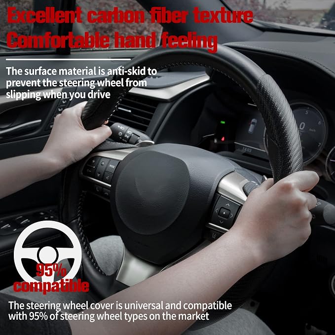 Amiss 2pcs Carbon Fiber Anti-Skid Steering Wheel Cover, Waterproof & Segmented Butterfly Design, Universal 99% Vehicle Wheel Cover Protector, Car Interior Accessories (Black-2pcs)