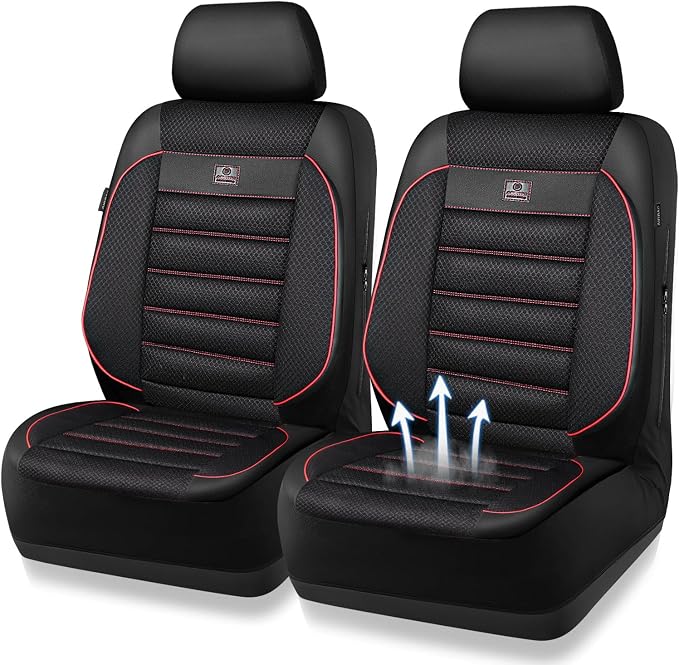 CAR PASS 3D Foam Leather Car Seat Covers Two Front Seats only, Air Mesh Thick Seat Covers, All Weather Car Seat Cover Comfort & Protection for Truck,SUV,Sedan,Van, Airbag Compatible Red