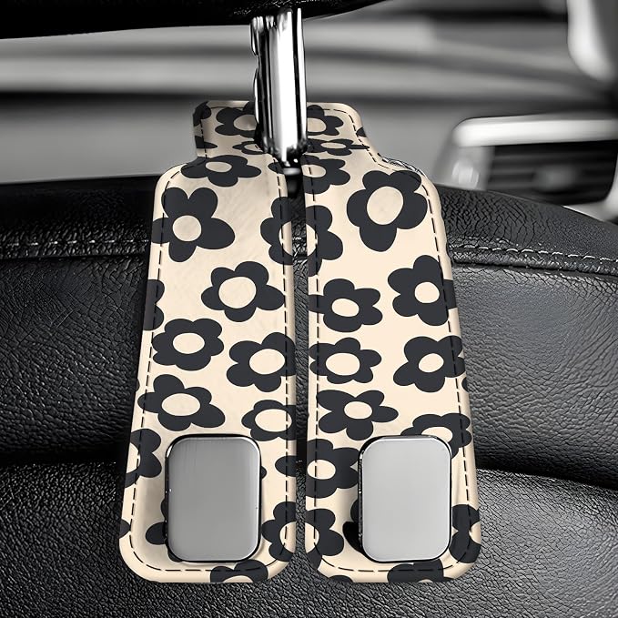 Car Seat Back Storage Headrest Hook, Premium Leather Double Metal Hook, Hanger Storage Organizer for Purse Cloth Bag, Car Interior Accessories Cute Black Daisy