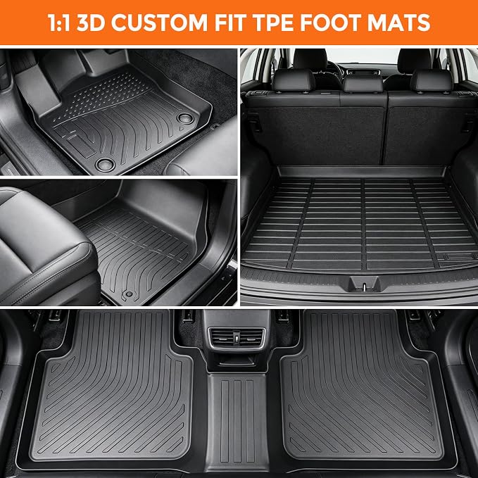 Floor Mats for Volkswagen VW Tiguan 5 Seats 2018-2024 (Not for 7-Seat) | Custom Fit Heavy Duty TPE All Weather Protection, Waterproof Non-Slip Black Car Liners (Two-Row Floor Mats & Cargo Liner)