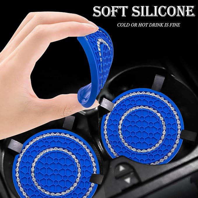 2PCS Bling Crystal Rhinestone Cup Holder Coaster, 2.75 inch Soft Silicone Anti-Slip Shockproof, Car Cup Holder Insert Coasters, Universal Car Interior Accessories for Women (Deep Blue & White)
