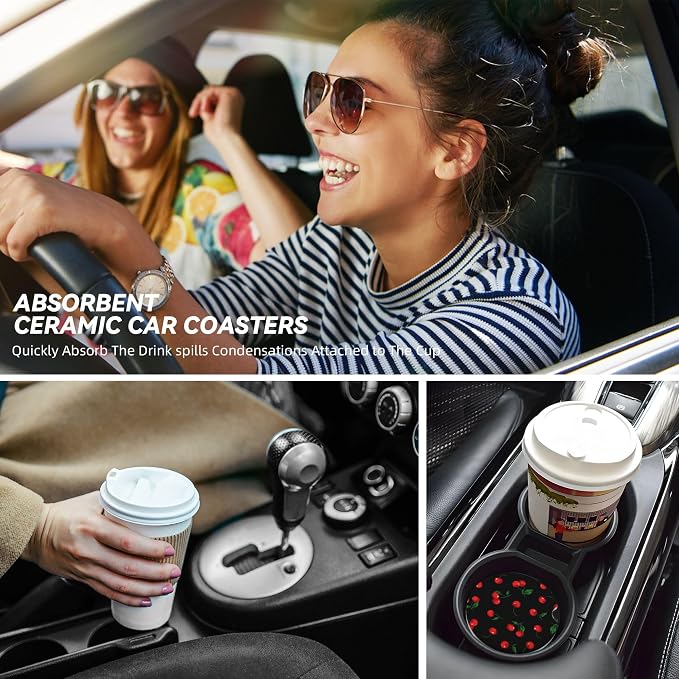 Cherry Watercolor Car Cup Holder Coasters 2 Pack 2.63" for Women | Pattern Universal Anti Slip Ceramic Absorbent Coaster with Cork Base and Finger Notch Cute Car Accessories Interior