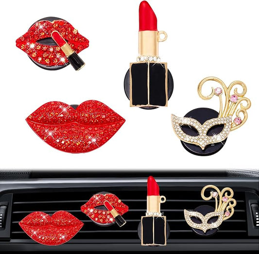 Rislobx 4PCS Bling Car Air Freshener Vent Clip, Crystal Diamond Lips Lipstick Carnival Mask Car Diffuser Vent Clip Cute Car Bling Accessories Decoration for women (Red)