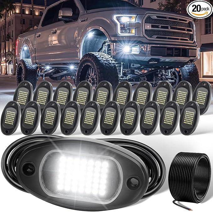 YONEDA 20 Pods White Rock Lights 6000K 42LED Bright LED Underglow Lights IP68 Waterproof for Trucks SUV UTV ATV RZR Car Boats Pickup Motorcycle with 39.37ft Extension Wire