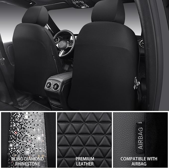 CAR PASS Bling Diamond Leather Car Seat Covers 2 Front Seats Interior Sets, Waterproof Shining Glitter Sparkly Crystal Universal Armrest Fit Automotive Truck SUV Cute Women Girl, Black PU Rhinestone
