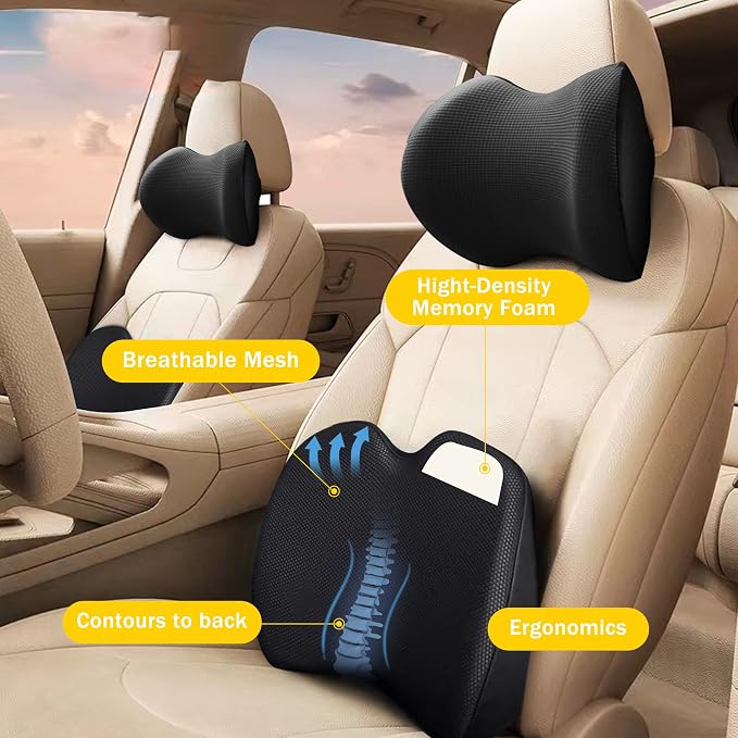 Super Soft Lumbar Support Pillow for Car, 100% Memory Foam Lumbar Pillow | Back Support Pillow with Breathable Removable Cover, Ergonomic Design - Posture Corrector Pillow for Back Pain Relief(Black)