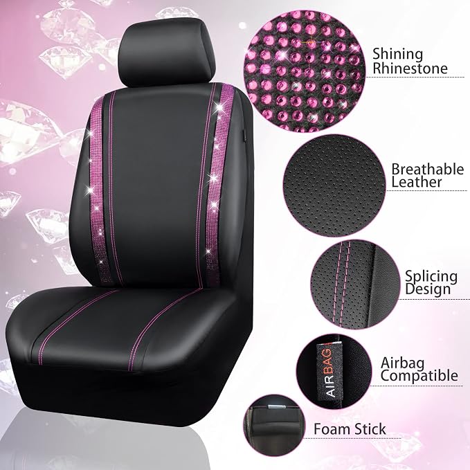CAR PASS Bling Diamond Car Seat Covers Full Set, Shining Rhinestone Waterproof Faux Leather, Rear with Zipper, Universal Fit Automotive Glitter Crystal Sparkle Strips for Women Girl, Black Pink