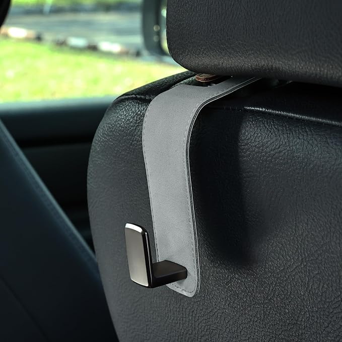 Amooca Car Seat Back Hook Universal Auto Storage Hanger Suede with Metal Car Seat Organizer for Handbag Purse Coat Umbrellas Grocery Bags 2 Pack Light Gray