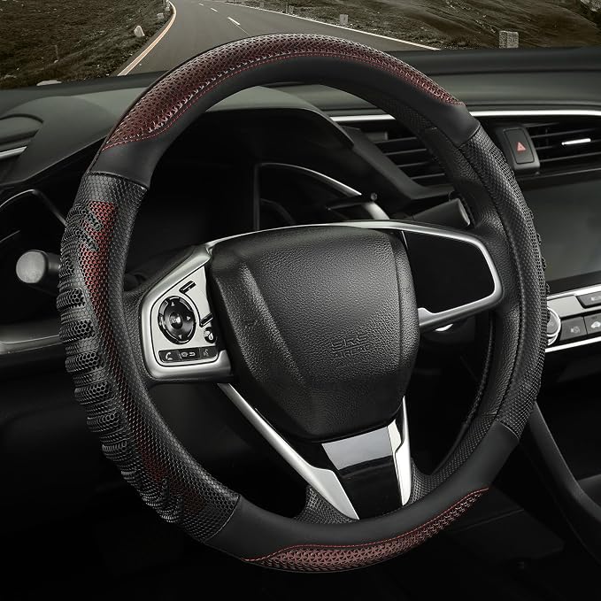 Anti-Slip Silicone Steering Wheel Cover Great Grip with 3D Honeycomb | Sporty Design Large 16 inch for F150 F250 F350 Model S X Ram 4Runner Tacoma Tundra Range Rover, Black with Burgundy