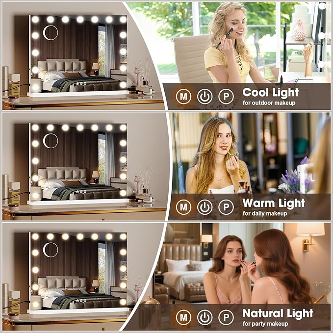 Vanity Mirror with Lights, Bluetooth, 10X Magnifier, 23 x 18 in | 15 LED bulbs, 3 color modes, desk or wall mount, USB charging port
