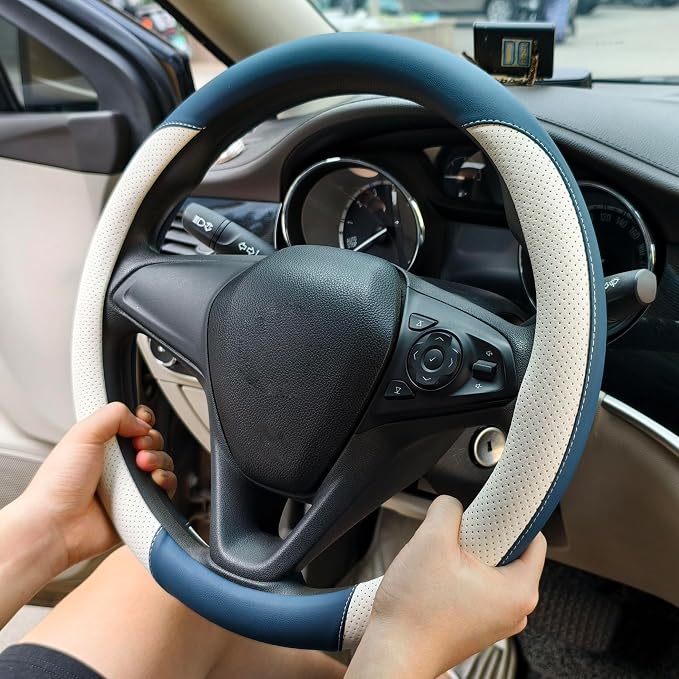 Breathable Perforated Leather Steering Wheel Cover, Universal 15-inch car Steering Wheel Grip, Soft and Comfortable, Breathable and Non-Slip, Suitable for sedans, Vans, SUVs (Blue)