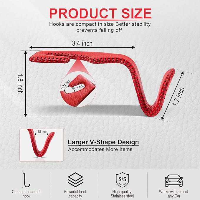 LivTee Red Superior Leather Car Seat Back Headrest Hook, Auto Seat Hook Hangers Interior Accessories for Purse Coats Umbrellas Grocery Bags Handbag, 2-Pack