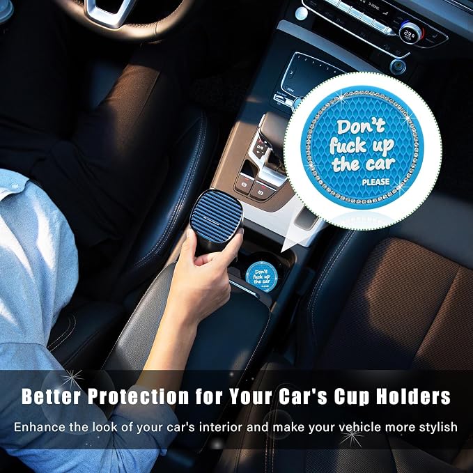 Ziciner 2 Pack Bling Car Cup Holder Coaster, 2.75 Inch Anti-Slip Auto Insert Cup Coaster, Crystal Car Drink Cup Mat Perfect for Women Girls, Universal Interior Decor Accessories (Light Blue)