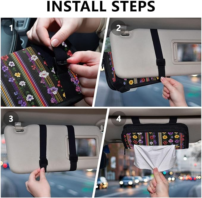 Mexican Purple Flower Stripe Car Tissue Holder Durable Napkin Holder Hanging Tissue Holders Case Car Tissues Bag for Sun Visor Seat Back Universal Auto