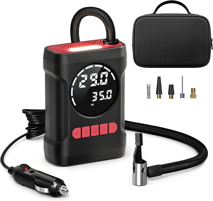 ROCGORLD R6 12V DC Tire Inflator Portable Air Compressor, Car Air Pump with Dual Digital Display, Preset Pressure, Auto Shut-Off, 3 Light Modes, Plug-In Tire Pump for Cars, Motorcycles, Bikes, Balls
