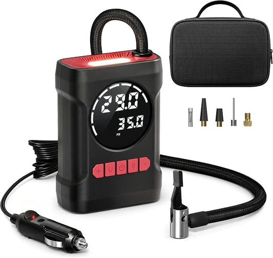 ROCGORLD R6 12V DC Tire Inflator Portable Air Compressor, Car Air Pump with Dual Digital Display, Preset Pressure, Auto Shut-Off, 3 Light Modes, Plug-In Tire Pump for Cars, Motorcycles, Bikes, Balls
