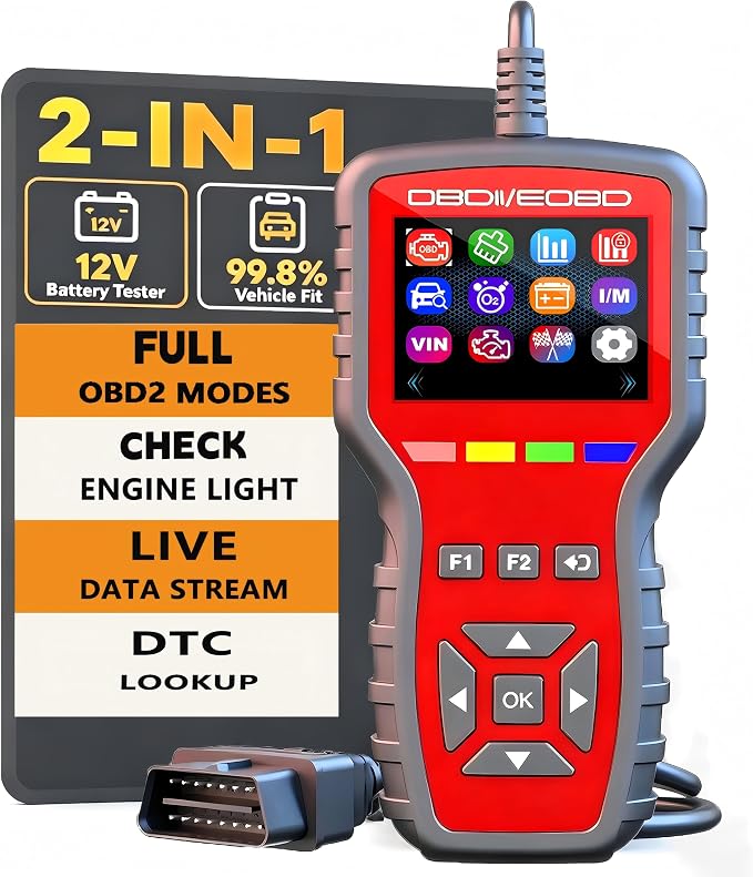 OBD2 Scanner and Battery Tester 2-in-1,Read and Clear Error Codes | Live Data, Freeze Frame,Car Code Reader and Engine Fault Diagnostic Tool for 1996+ OBDII Protocol Cars，red