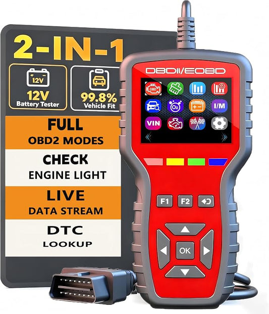 OBD2 Scanner and Battery Tester 2-in-1,Read and Clear Error Codes | Live Data, Freeze Frame,Car Code Reader and Engine Fault Diagnostic Tool for 1996+ OBDII Protocol Cars，red