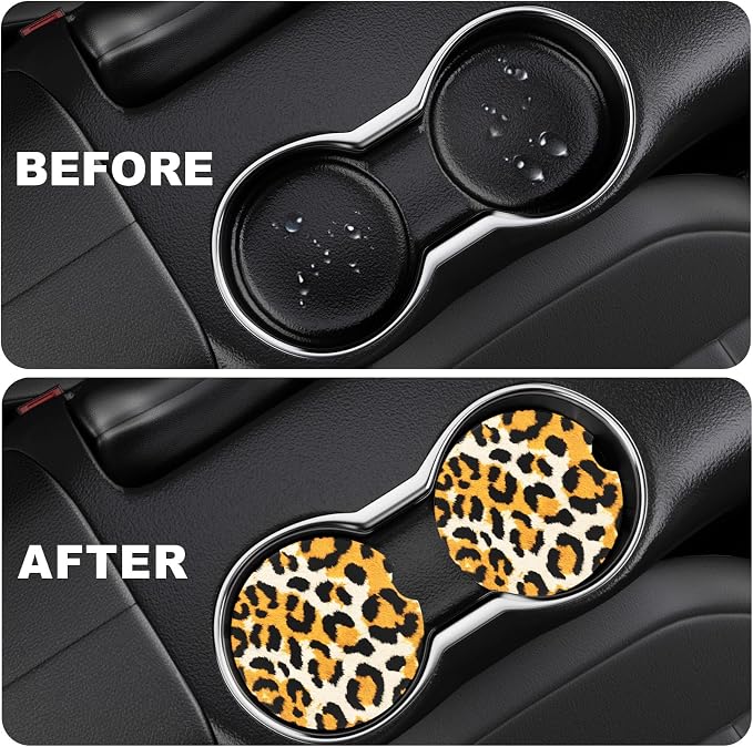 2 Pack Car Cup Holder Coaster, 2.63 inch Anti Slip Insert Absorbent Ceramic Car Coaster with Cork Base and Finger Notch, Cute Car Accessories Interior for Women, Cute Car Coasters.