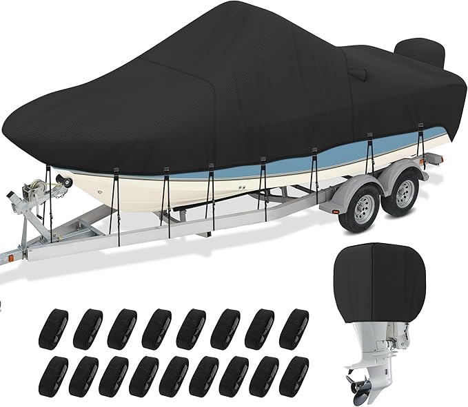 Center Console Boat Cover 22-24ft, 1200D Waterproof Boat Cover | Trailerable Boat Cover with Motor Cover for Center Console Boats, Heavy Duty Marine Grade UV Resistant Polyester, Black