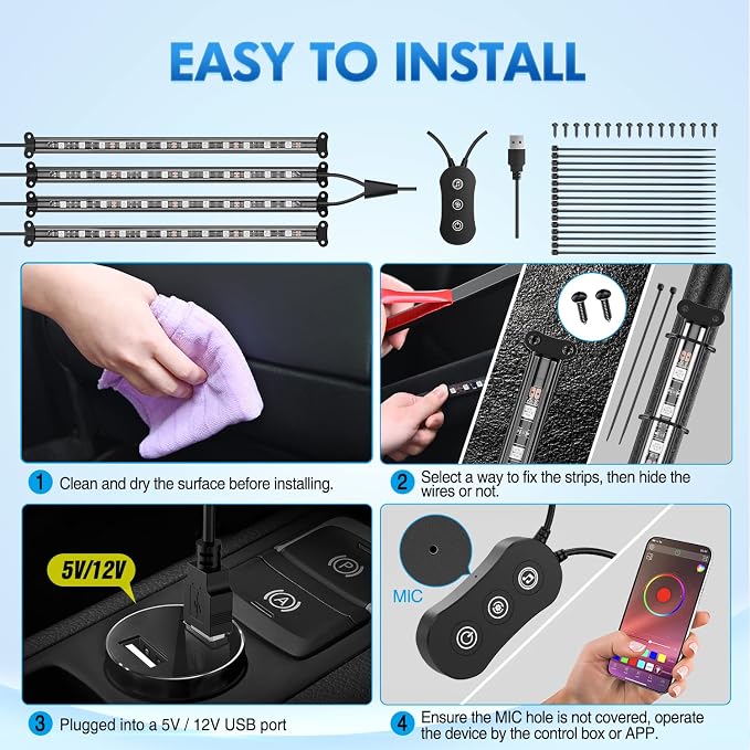 Nilight 4PCS USB Interior Car Lights 48 LEDs RGB LED Strips Lights with App Control Music Sound Active Mode Under Dash Footwell Ambient Lights 2 Line Design for Car Truck ATV UTV, 2 Years Warranty