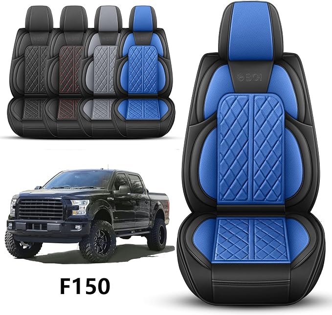 Car Seat Cover Custom Fit for Ford F150 2009-2026 Faux Leather Seat Cover Set Compatible with Regular Cab Super Cab Super Crew Pickup Truck Cushions (Black & Blue, Front Seat)