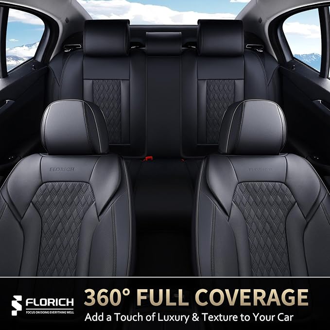 FLORICH Seat Covers, Car Seat Covers Full Set, Luxury Nappa Leather Seat Covers, Breathable and Waterproof Car Seat Protector 5 Seat, Automotive Seat Covers Universal Fit for Most Cars-Black&Beige