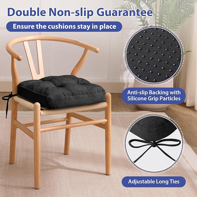 IASEAHK Chair Cushions, Foam Dining Chair Cushions, Tufted Indoor Chair Pads, 16.5” x 16.5” x 3.5”, Set of 2, Black
