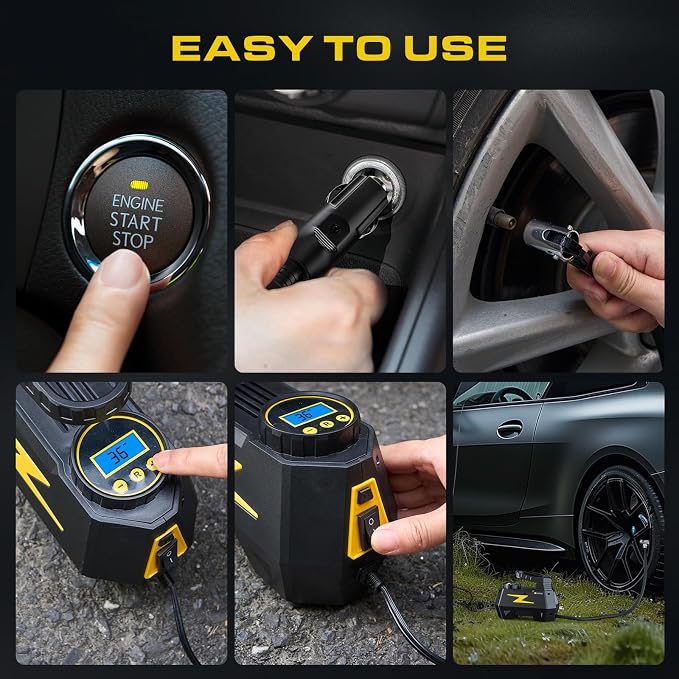 FADAKWALT Tire Inflator Portable Air Compressor, 12V DC Car Air Pump with Auto Shutoff, 150 PSI Digital Gauge, LED Light, Metal Valve Connector, Accessories for Cars, Yellow
