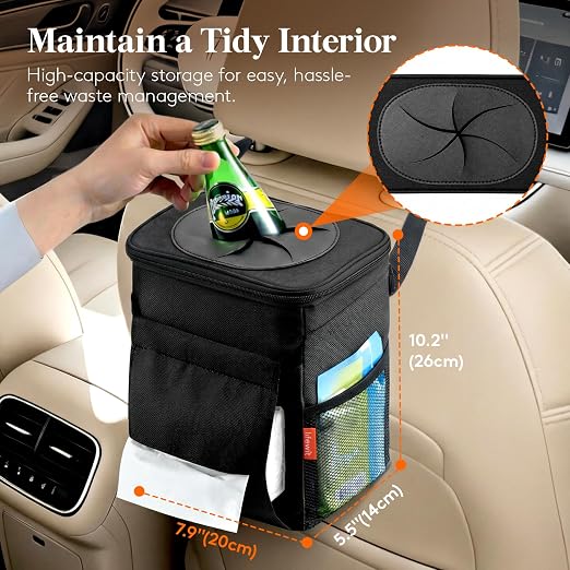 Lifewit Car Trash Bin, 2 Gallon Leakproof Waterproof Vehicle Garbage Can with Lid & Tissue Holder, Car Interior Organizer for Front/Back/Console, Automotive Accessory, Black