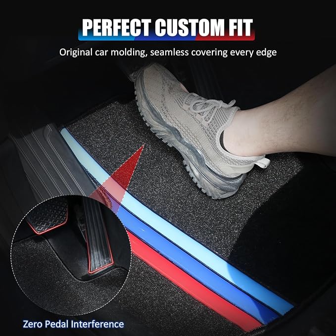Fit 2011-2016 BMW F10 5-Series Floor Mat Nylon Black with 3 Colors Stripes | IKON MOTORSPORTS, Front & Rear Factory M Color Stripe Car Floor Carpets Carpet liner 2012 2013 2014 2015