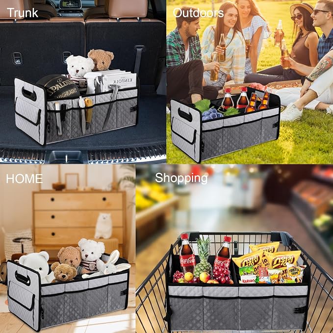 JiatuA Car Trunk Organizers and Storage for SUV, Collapsible Multi Compartment Container Box Adjustable Car Accessories for Women Men, Light Grey