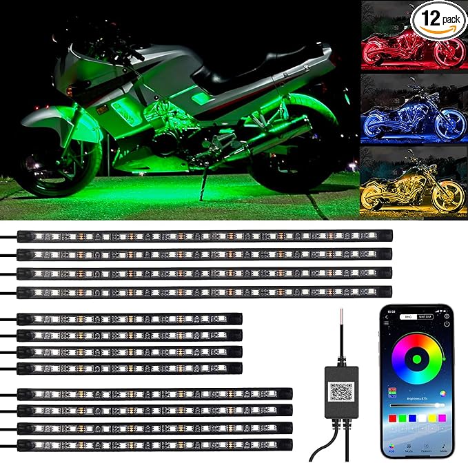 YUGUANG 12PCS Motorcycle Underglow Kit, Motorcycle Lights Underglow Kit with APP Control Multi-Color Music Sync Waterproof RGB Under Glow for Motorcycles